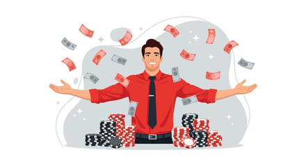 A man in a red shirt stands with arms outstretched as money rains down around him, with stacks of poker chips at his feet.