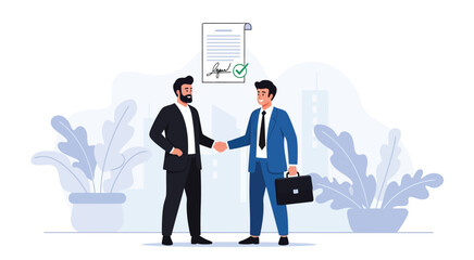 Two businessmen shaking hands in agreement with a signed contract floating above them, surrounded by stylized plants.