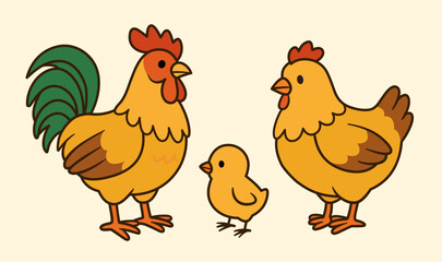 Chicken family with chick, hen, and rooster vector illustration set. Baby, female, and male chickens cartoon clipart in flat style. Farm animals