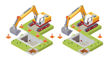 Isometric view of two excavators digging near manholes with safety cones surrounding the area