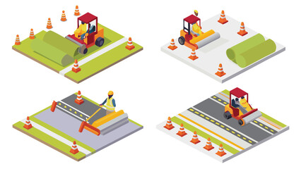 Isometric road construction with workers and machinery laying asphalt and grass rolls on a road site