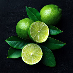 Lime with leaves top view macro ai generated. Limes with slice, wedge, leaf and branch on dark background. Black background.