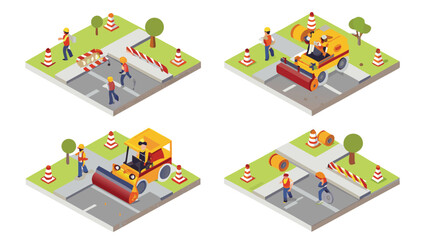 Isometric view of road construction scenes with workers and equipment in different stages of repair