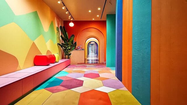 Vibrant interior design showcasing colorful geometric patterns and inviting atmosphere in a modern space
