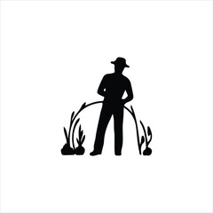 Black silhouette of a farmer tending to plants in a garden gardening black and white