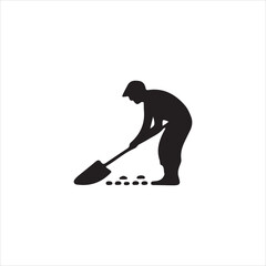 Black silhouette of a man digging with a shovel and small stones vector