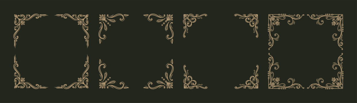 Vintage set of hand drawn frames. Abstract decorative elements in line style with calligraphic swirls, flourishes, scrolls. Vector for label, wedding invitation, greeting card, menu, certificate