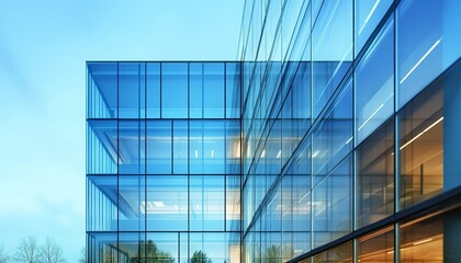 Contemporary office building facade with sleek glass design reflecting the clear blue sky above.