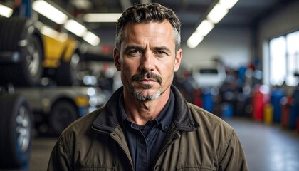 Obraz premium Man Standing in Auto Repair Shop with Cars in Background