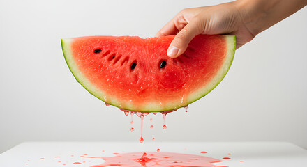 Red, juicy watermelon slice in hand – a fresh, healthy, and sweet summer fruit snack