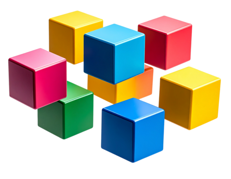 Floating abstract cubes in motion, multicolor with motion blur, isolated on a transparent background