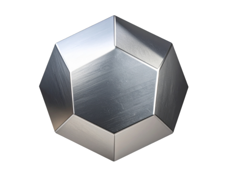 Floating metallic dodecahedron with soft lighting, isolated on a transparent background