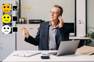 Happy Client customer experience concept. Businessman recording phone inquiry with checkboxes,...