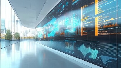 Data Visualization Hall: A futuristic interior showcases advanced data visualization on a large display, creating an immersive environment for information and analysis. - Powered by Adobe