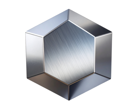 Floating metallic dodecahedron with soft lighting, isolated on a transparent background