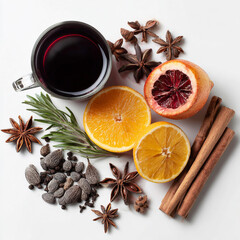 Mulled wine ingredients spread on white background, minimalism