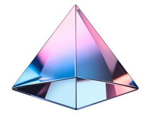 Abstract floating triangle prism with pink and blue gradients, isolated on a transparent background