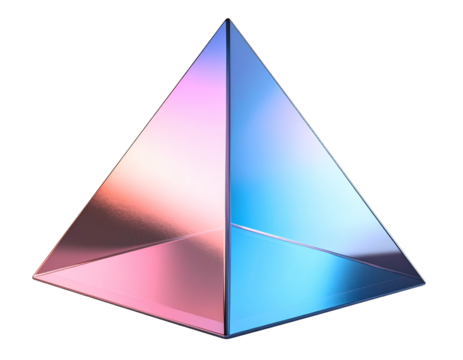 Abstract floating triangle prism with pink and blue gradients, isolated on a transparent background