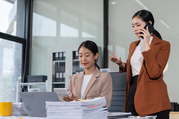 Team businesswoman analyzing financial graphs, calculating company expenses, and planning investments, corporate, accounting, and economic strategy.