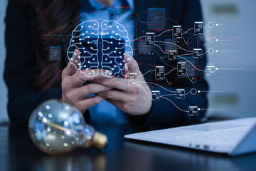 Creative, new ideas and innovation, Hand holding light bulb and smart brain inside and innovation...