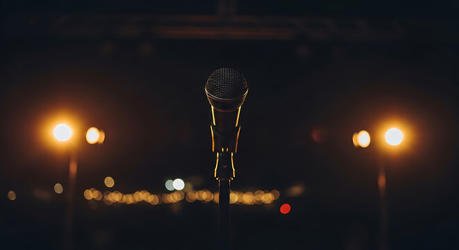 A microphone on the stage of a stand-up comedy festival.