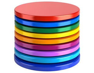 Floating stack of multicolored geometric discs, isolated on a transparent background