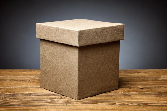A light beige cardboard box sits on a rustic wooden surface against a dark gray background