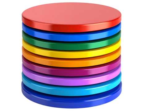 Floating stack of multicolored geometric discs, isolated on a transparent background - Powered by Adobe