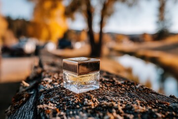 Small, square, clear cosmetic container rests on weathered wood by a creek. Golden light highlights the container. Autumnal colors blur in the background