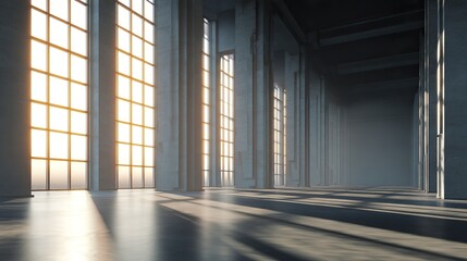 Modern concrete hall with tall columns and glowing windows, embodying minimalist elegance and serene spaciousness