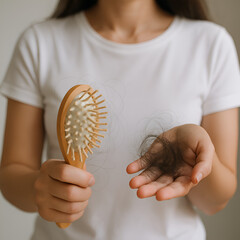 抜け毛の悩みを象徴するクローズアップ｜片手に木製ヘアブラシ、もう一方に抜けた髪の毛を持つ人物の手元｜ヘアケア・脱毛・頭皮トラブルを示す生活シーン素材