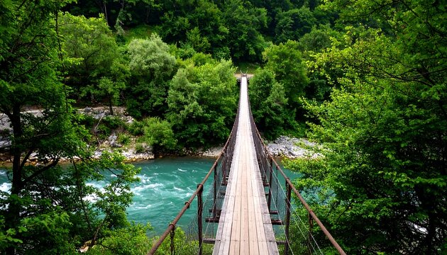 Suspension bridge amidst verdant forest crossing over a flowing river current landscape