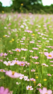 A Dreamy and Serene Shot Moving Through a Field of Pink and White Cosmos Wildflowers Gently Swaying in the Breeze, Ideal for Calming Nature Videos.