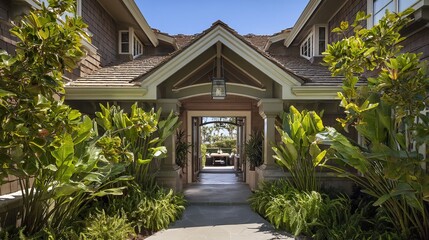 Elegant luxury residence entrance with architectural details and lush greenery, showcasing timeless sophistication and harmony with nature.
