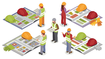 Isometric view of construction workers reviewing plans with hard hats and safety vests displayed on them
