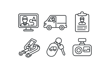 straight perfect out stroke icon mono icons style isolated delivery driver GPS navigator delivery driver van delivery driver route sheet delivery driver cargo strap delivery driver key fob