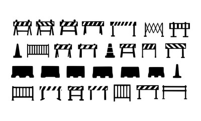 Vector silhouette icon set of various traffic barriers, road dividers, and safety cones.