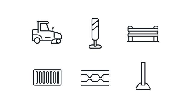 straight perfect out stroke icon mono icons style isolated road asphalt paver road lane marker post road guardrail segment road drainage grate road epansion joint road signpost base