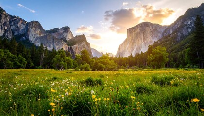 Valley meadow at sunset