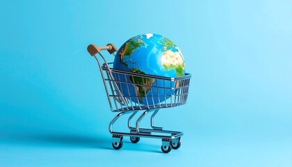 Miniature shopping cart holding a globe on a vibrant blue background