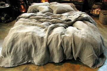 Gray linen bedding on a bed, showcasing textured fabric draped over a wooden bed frame