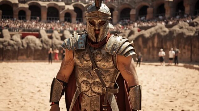 Gladiator warrior in ancient arena wearing full armor standing strong in front of audience during historical battle reenactment