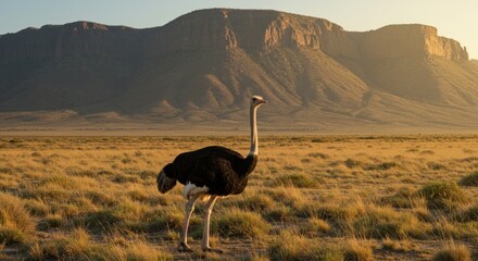 Naklejka premium An ostrich stands tall in a vast, arid savanna, bathed in warm sunlight with a large, rocky mountain as the backdrop, at sunrise