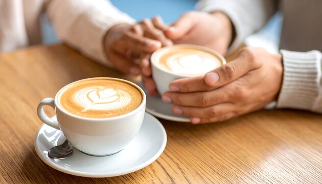 Couple holding hands over coffee cups