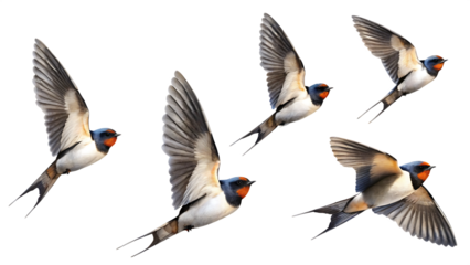 Barn swallows in flight with spread wings isolated on a transparent background birds