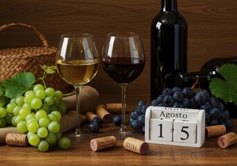 Two glasses of wine grapes bottle and a calendar showing august 15