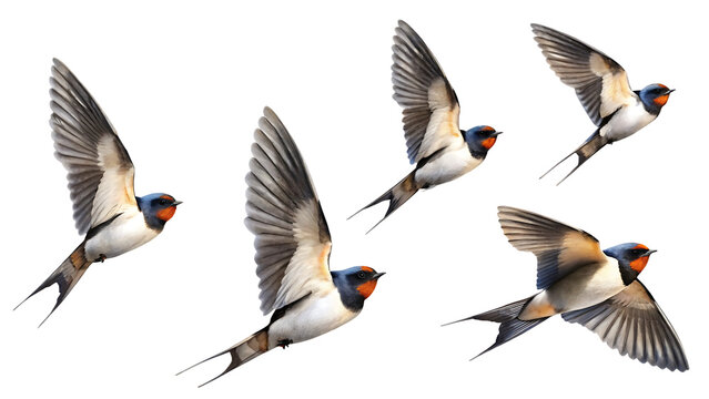Barn swallows in flight with spread wings isolated on a transparent background birds