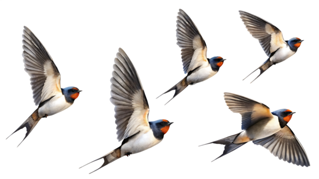 Barn swallows in flight with spread wings isolated on a transparent background birds