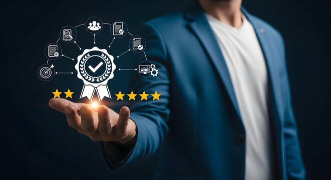 Elevate your brand with stunning quality assurance, a hand holds a quality check mark with five stars for optimal performance and customer satisfaction