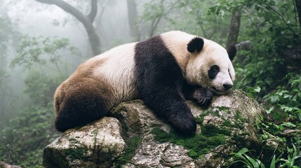 Giant panda resting on mossy rock in bamboo forest, a moment of peace in nature's embrace